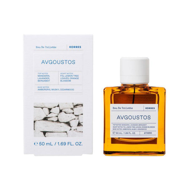 Korres Avgoustos perfume bottle and packaging on a white background