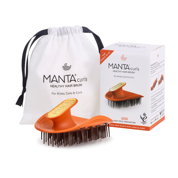 Manta Curls Healthy Hair Brush set including an orange silicone hair brush with black bristles, a white drawstring storage bag, and the product box on a white background.