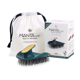 Manta Curls Healthy Hair Brush set including a dark teal silicone hair brush with black bristles, a white drawstring bag, and its retail box on a white background.