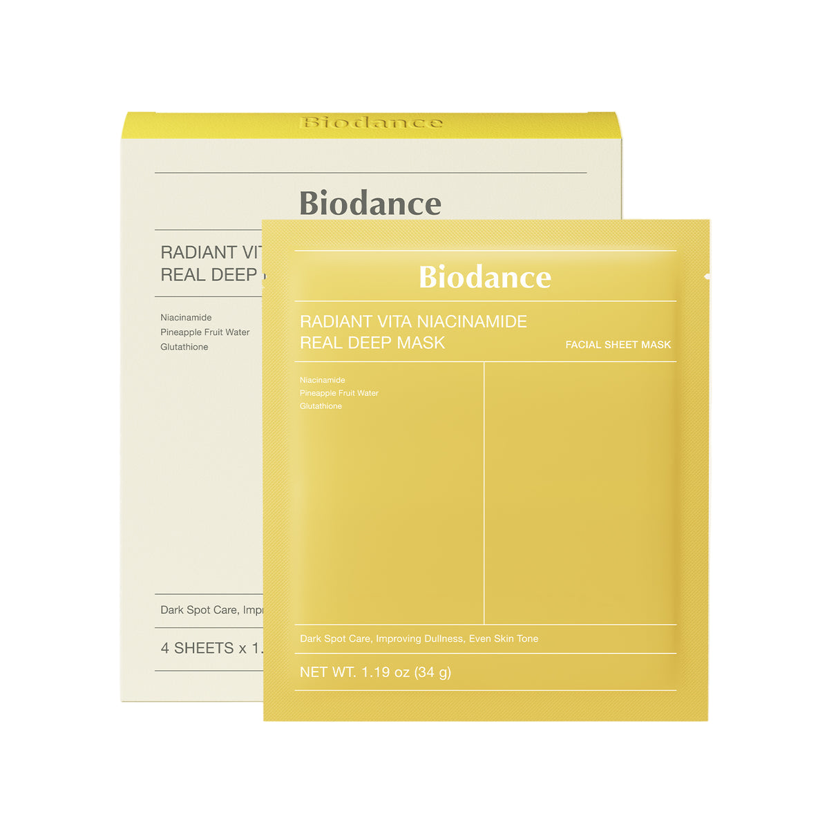 Biodance Radiant Vita Niacinamide Real Deep Mask packaging on a white background