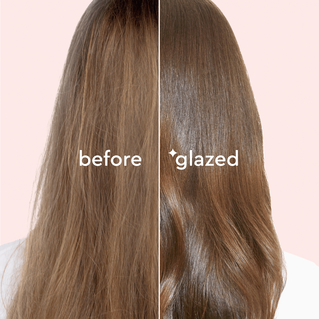 Before and after comparison of hair with 'before' on the left and 'glazed' on the right against a pink background.