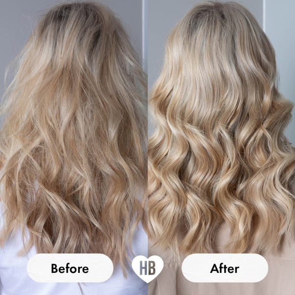 Before and after comparison of blonde hair with wavy texture, labeled HB.