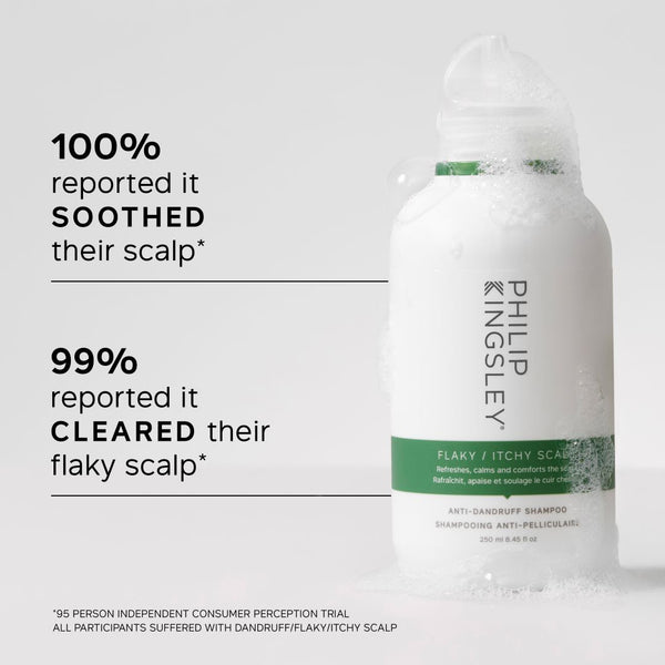 Philip Kingsley Flaky / Itchy Scalp Anti-Dandruff Shampoo bottle on a light gray background with promotional text on the left.