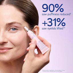 A woman applies a light pink eye cream tube to her eye area. The image features promotional text on a light lavender background stating '90% saw puffiness reduced' and '+31% saw eyelids lifted'.