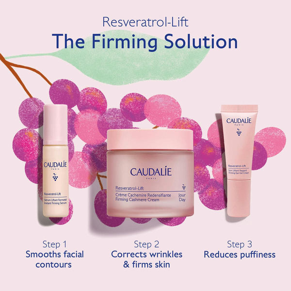 Three skincare products from Caudalie Paris are arranged on a pale pink background with decorative pink grapes and French text. The products are labeled Step 1, Step 2, and Step 3 under the heading 'Resveratrol-Lift The Firming Solution.