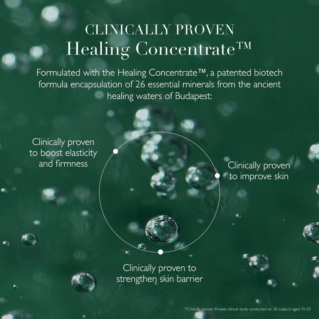 Advertisement for a clinically proven healing concentrate with water droplets on a green background.