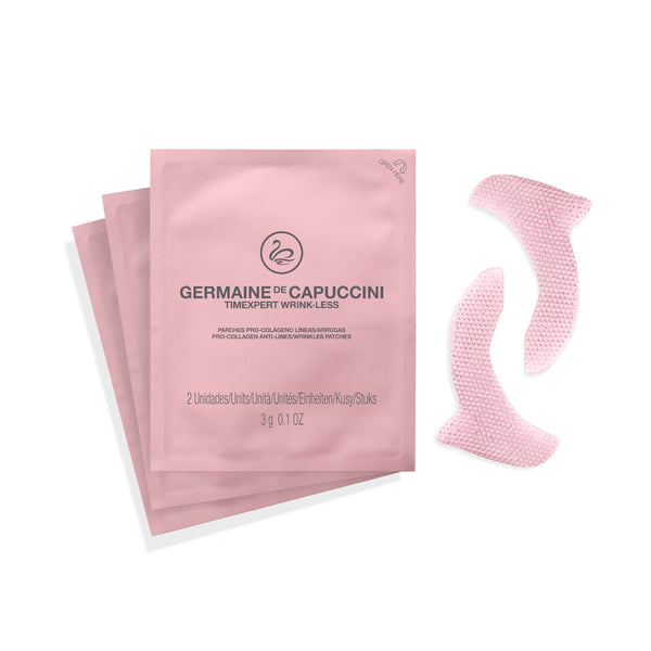Two pink sachets of Germaine de Capuccini Timexpert Wrink-Less alongside two pink textured silicone eye patch stickers on a white background.