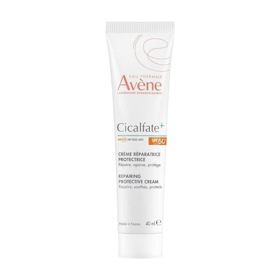 A 40 ml squeeze tube of Avene Cicalfate+ Repairing Protective Cream SPF 50+ on a solid white background.