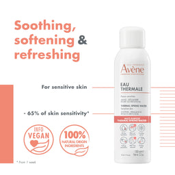 A bottle of Avene Eau Thermale Thermal Spring Water on a white background with promotional text reading 'Soothing, softening & refreshing' and icons for info vegan and 100% natural origin ingredients.