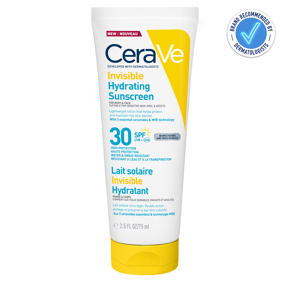 CeraVe Invisible Hydrating Sunscreen tube on a white background