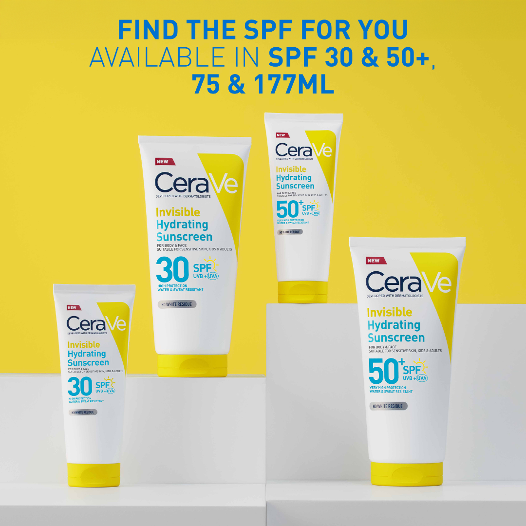 CeraVe sunscreen bottles with SPF 30, 50, and 177ml on a yellow and white background