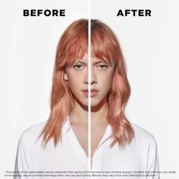 Before and after comparison of a person's hair, showing a split-screen view with 'BEFORE' on the left and 'AFTER' on the right. The hair appears longer and smoother in the after view, styled in soft peachy-blonde waves.