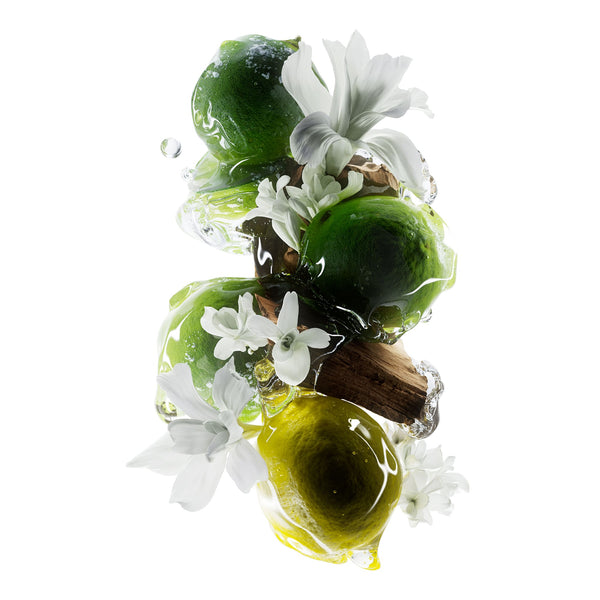A decorative arrangement of glossy green citrus fruits, white flowers, and clear water droplets on a plain white background.