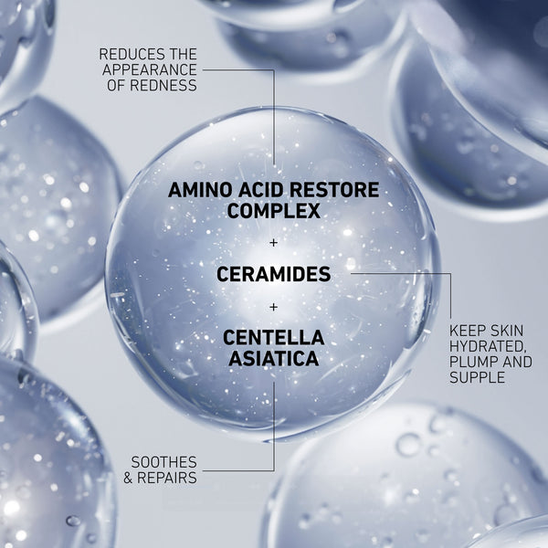 Close-up of clear gel droplets with text highlighting ingredients and benefits on a light gray background.