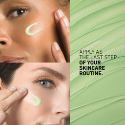 Skincare product application on a person's face with green color swatch and text.