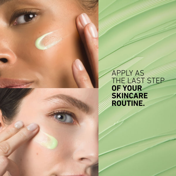 Skincare product application on a person's face with green color swatch and text.
