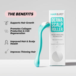 Hairburst Derma Scalp Roller with packaging and benefits listed on a gray background