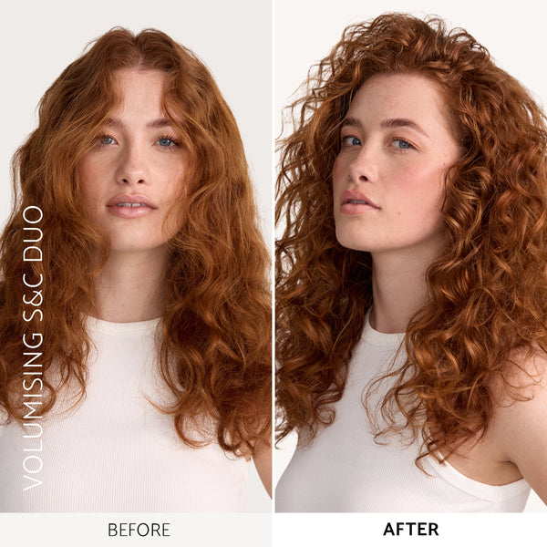 Before-and-after comparison of a woman with volumising curly hair, showing the product effect on red hair. The left side is labeled 'BEFORE' and the right side 'AFTER' with vertical text 'VOLUMISING S&C DUO'.