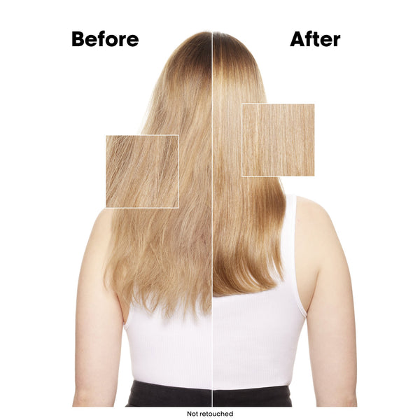 Before and after comparison of hair color with a person wearing a white top.