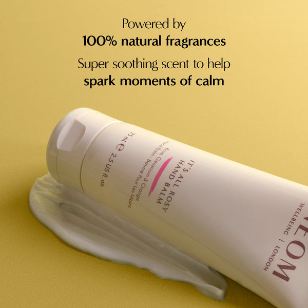 Hand and body balm bottle on a yellow background with text about natural fragrances.