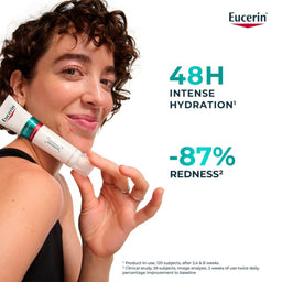 Woman applying Eucerin lotion with product and brand displayed