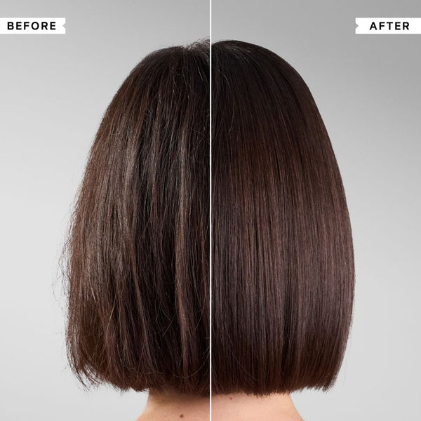 A split-screen before-and-after comparison of a person's shoulder-length dark brown bob haircut, showing frizzy, textured hair on the left and smooth, sleek hair on the right, against a light gray background.