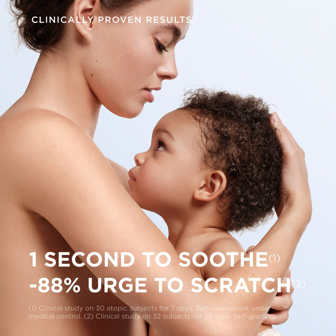 A close-up photo of a woman holding a baby, with large white marketing text overlaid at the top and bottom reading 'Clinically Proven Results' and '1 Second to Soothe -88% Urge to Scratch'. This is not a clean product shot, and no physical product is visible, so the best fit is Other rather than Lifestyle or Product/Packaging.