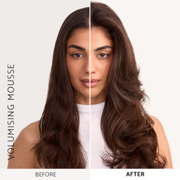 Before and after comparison of voluminous hair using volumising mousse.
