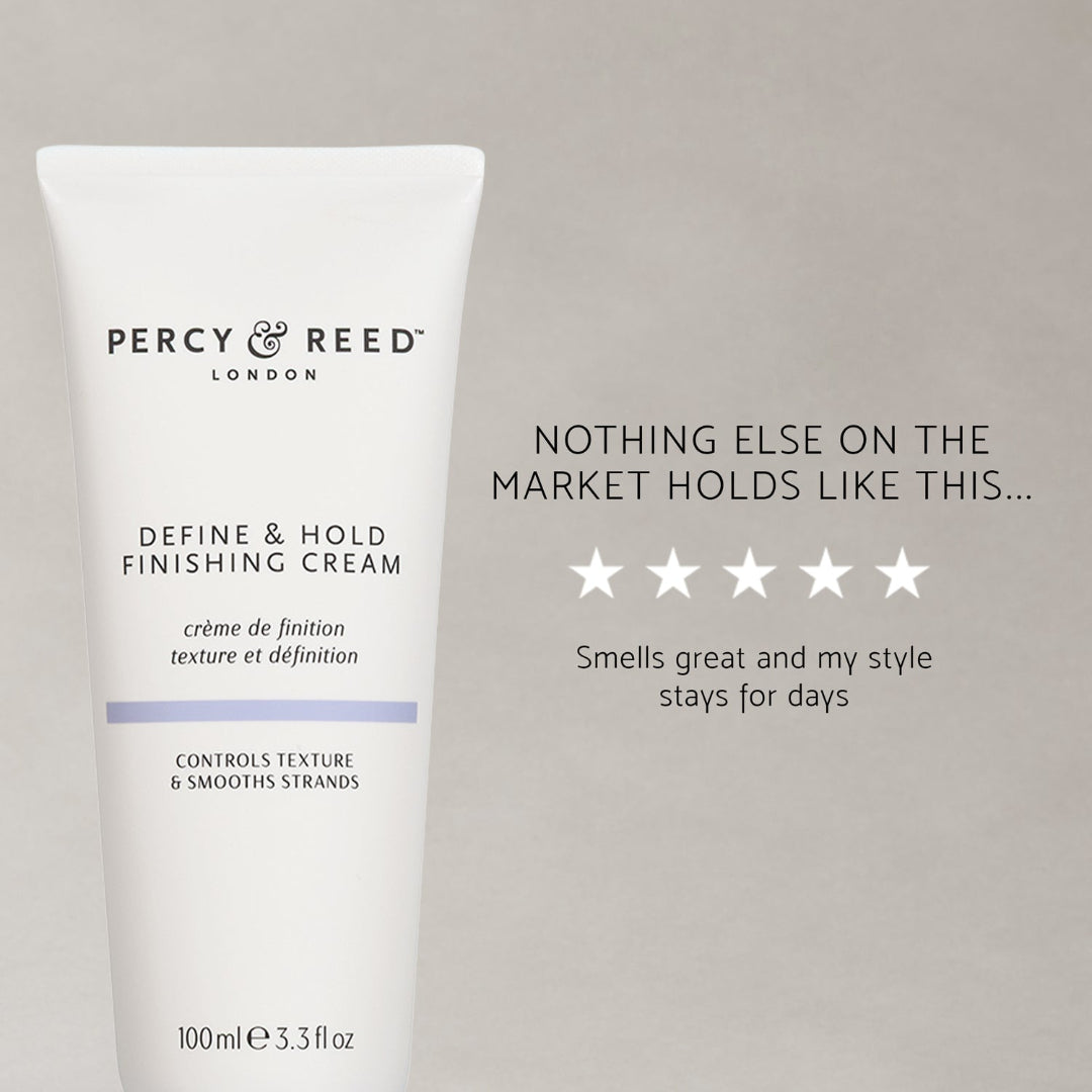 Percy & Reed London Define & Hold Finishing Cream in a white squeeze tube, shown next to promotional text and five-star ratings on a neutral gray background.