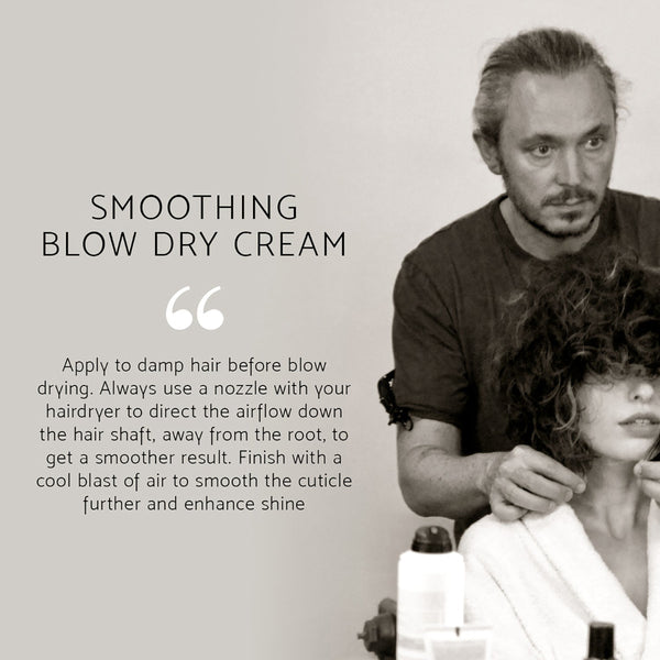 Person blow drying hair with text about smoothing blow dry cream