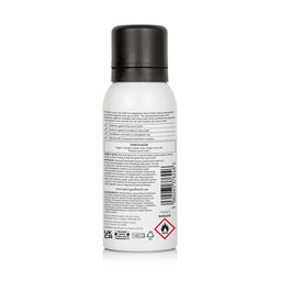 Back view of a white cylindrical bottle with a black cap, showing the product information label, barcode, and a red hazard symbol on a white background.