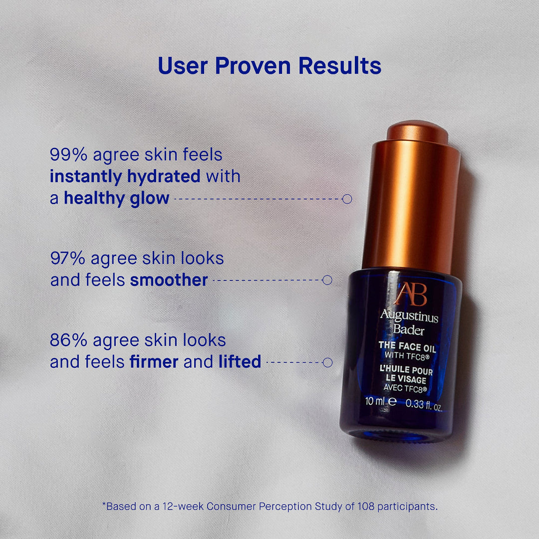Augustinus Bader skincare oil bottle with user proven results text on a gray background