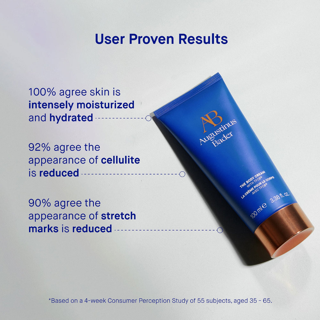 Blue skincare product with text on user proven results on a light gray background