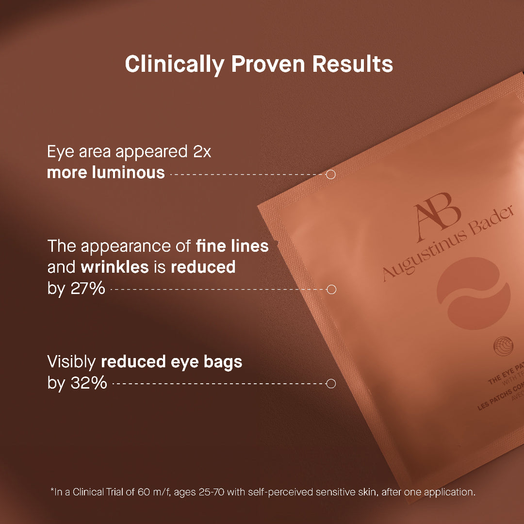 Augustinus Bader eye patch packaging with clinical results on a brown background