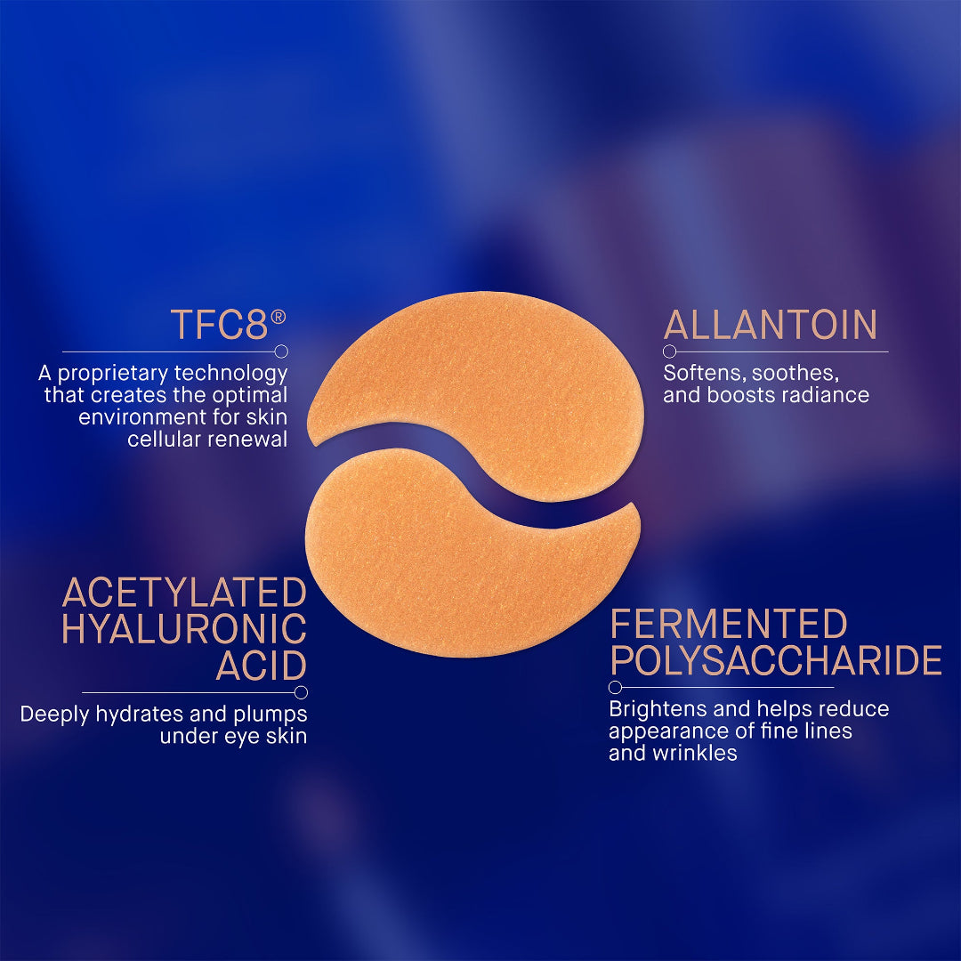 Skincare product with text highlighting TFC8, Allantoin, Acetylated Hyaluronic Acid, and Fermented Polysaccharide on a blue background.