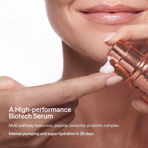 Close-up of a person applying a white serum from a rose gold pump bottle onto their finger, with promotional text on a white background.