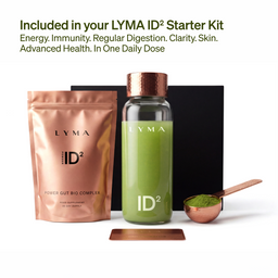 LYMA ID2 Starter Kit with supplement packaging, bottle, and scoop on a white background