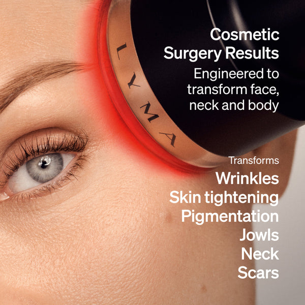 Cosmetic device with text about transforming face, neck, and body with LYMA branding.