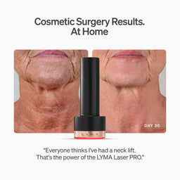Before-and-after neck skin results with the LYMA Laser PRO cosmetic device centered in front of the images. Text reads 'Cosmetic Surgery Results.