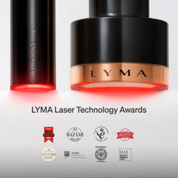 LYMA cosmetic product with red light on a white background, featuring LYMA Laser Technology Awards logos.