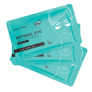 Three turquoise eye masks with a face illustration on a white background