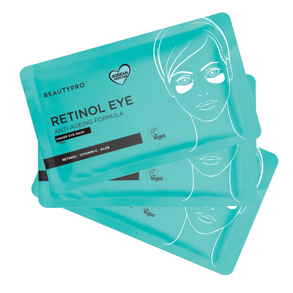 Three turquoise eye masks with a face illustration on a white background