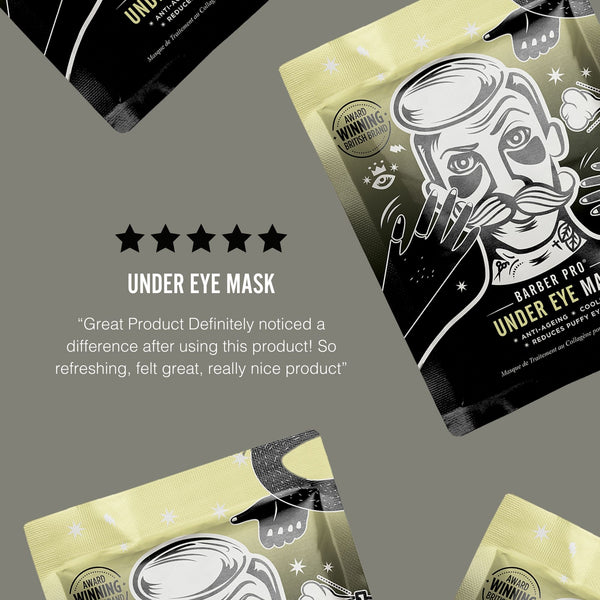 Under eye mask packaging with branding and product description on a gray background