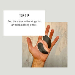 Hand with two black masks on a wooden surface, with text suggesting placing the mask in the fridge for an extra cooling effect.