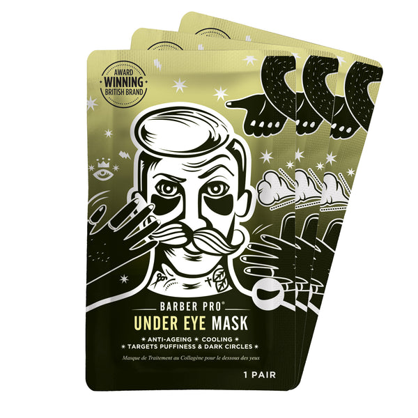 Barber Pro under eye mask packaging with illustration of a man and text on a white background