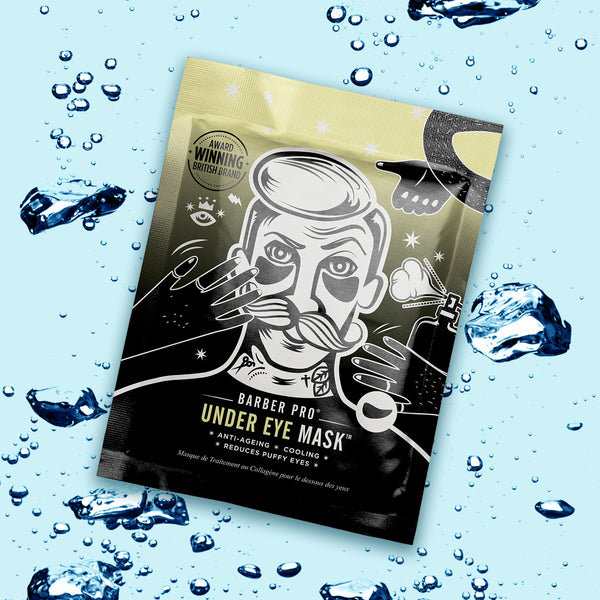 Barber Pro under eye mask packaging with a blue water droplet background