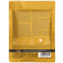 Back of a yellow skincare product packaging with text and icons.