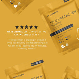 BEAUTYPRO Hyaluronic Acid facial sheet mask packaging on a yellow background with customer review text.