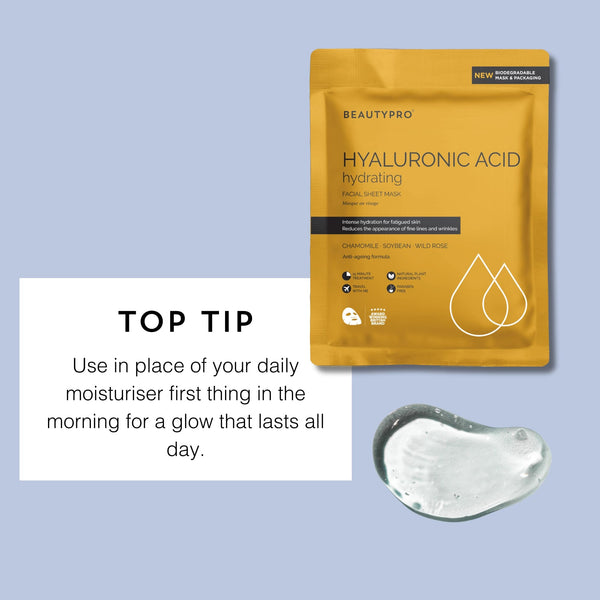 BeautyPro Hyaluronic Acid mask packaging with gel on a light blue background