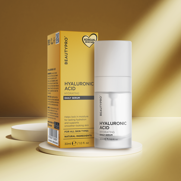 BeautyPro Hyaluronic Acid daily serum with packaging on a yellow background